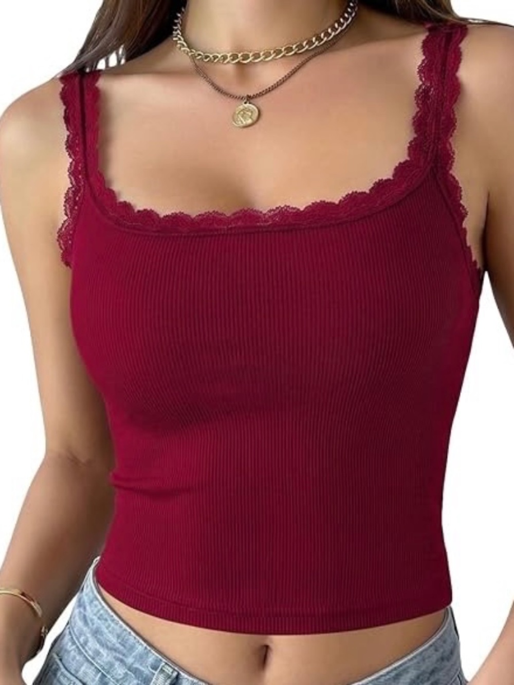 NWT SOLY HUX Burgundy Lace Trim Ribbed Crop Cami XL